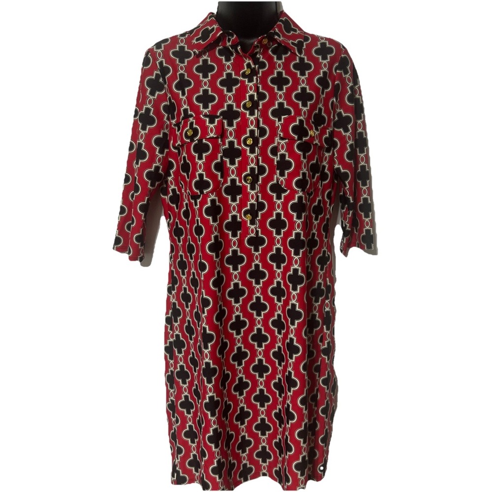 Jude Connally Sloane Shirt Dress Red Keyhole Lattice Geometric 3/4 Sleeve Small
